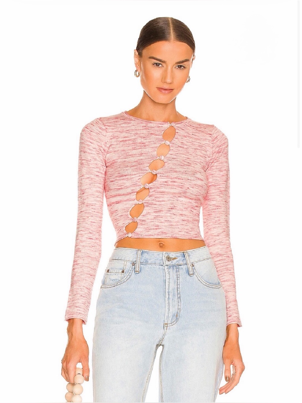superdown Pink Marled Diagonal Cutout Long-Sleeve Crop Top